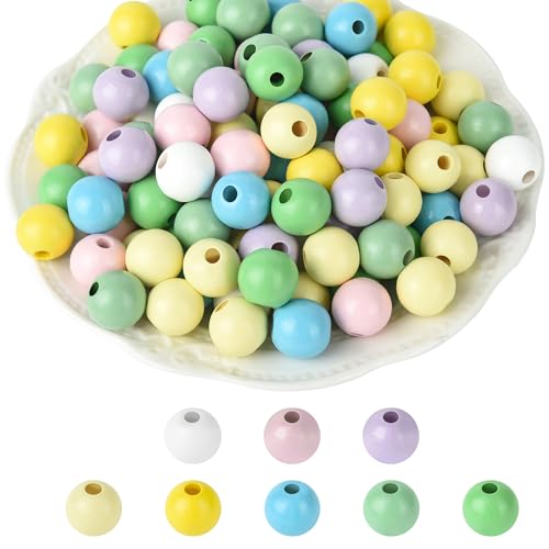 240 Pieces Easter Wood Beads Painted Spring Wooden Beads 16mm Yellow Green Pink Blue Colorful Boho Beads DIY Craft Bead Bulk for Garland Jewelry Making Spring Home Holiday Decor