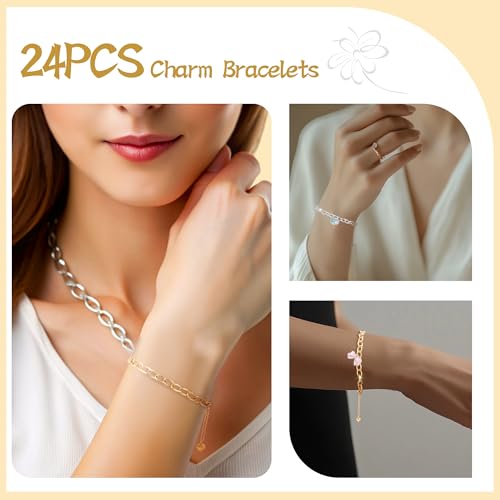 Wurosi 24PCS 6.3Inch Chain Bracelets Kit 18K Gold Plated Charm Bracelet Chains Stainelss Steel Charm Bracelets with Heart Lobster Clasp Extender Chain for Women Jewelry Bracelet Making - color: Bracelets 24 PCS Gold+Silver