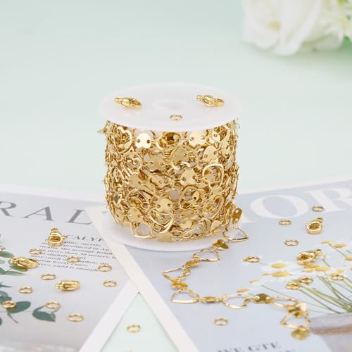 KYUNHOO 4 Meters Heart Chains for Jewelry Making Gold Plated Stainless Steel Chain Bulk on Spool for Women Make Crafts with Lobster Clasps Jump Rings - color: Heart Gold