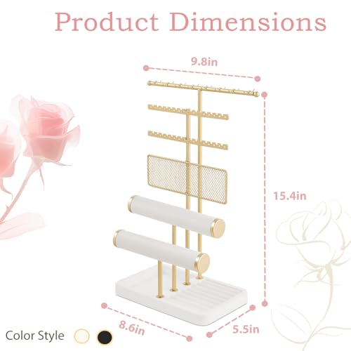Poyilooo 4 Tier Jewelry Organizer, Earring Holder Jewelry Stand for Necklace Earring Keychains Bracelet Rings Display Jewelry Tree Stand Christmas Gifts for Women (Whitegold) - color: White&gold