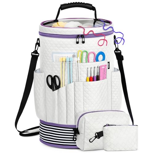 IBFUN Crochet Yarn Knitting Bag 3PCS - Expandable Yarn Storage Organizer Crocheting Bag with Accessories Cases Adjustable Strap for Hooks, Needles, Accessories, Crochet Lovers, Supplies, Beginners - color: Off-white
