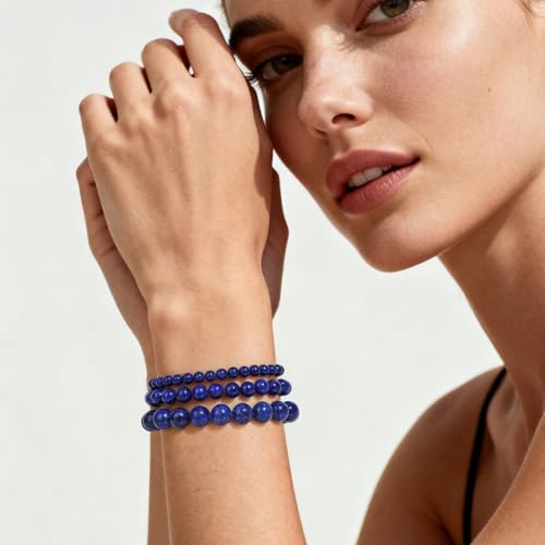 3Pcs Natural Healing Crystal Bracelets for Women Men, 4mm 6mm 8mm Beaded Stretch Bracelet Set, Black Tourmaline Natural Stone Gemstone Jewelry Gifts for Meditation, Reiki & Yoga - color: Lapis Lazuli