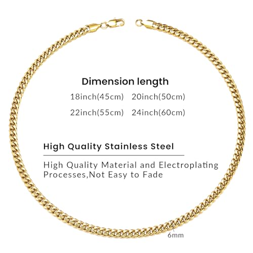 4/6mm Cuban Link Chains for Men - Gold/Silver Plated Stainless Steel Miami Curb Chain Necklace - No Tarnish Hip Hop Mens Jewelry, 18"/20"/22"/24" - color: 6MM Gold Chain, size: 18inch