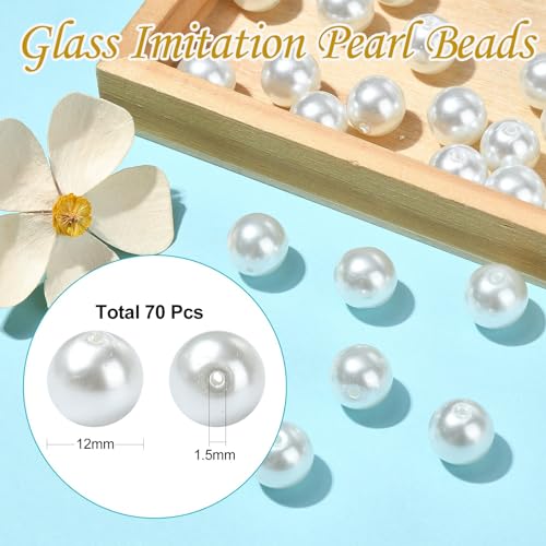 DanLingJewelry 70Pcs 12mm White Glass Pearl Beads Imitation Pearl Round Beads for DIY Craft Necklaces Bracelets Jewelry Making - color: 70pcs - Glass Pearl