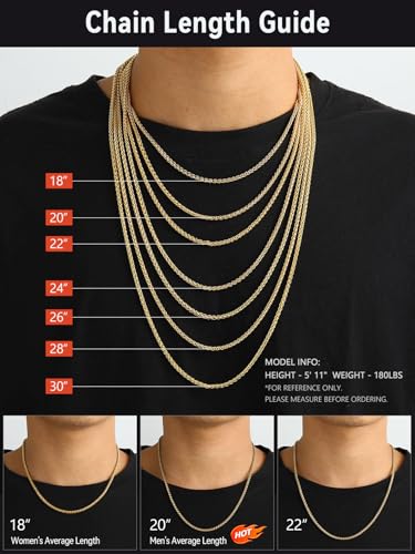 FaithHeart Stainless Steel Chains for Men, Silver/Black/14K Gold Plated Snake/Wheat/Box/Rope/Rolo Chain Necklace 16-30 Inches with Delicate Gift Box - color: 02. Spiga Chain-Gold, size: Length 24 Inches