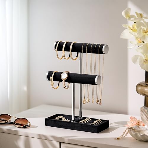 bussdis 2 Tier Bracelet Holder Display - Detachable T Bar Black and Silver Velvet Bracelet Holder, Jewelry Holder Organizer for Bracelet, Necklace, Earrings, Rings - color: Black and Silver