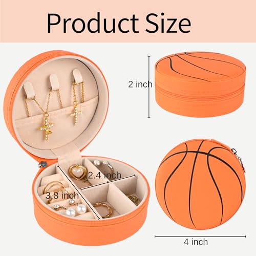 12-Pack Basketball Jewelry Box Bulk Team Gifts for Girls, Orange Round Mini Travel Jewelry Case Organizer for Basketball Players Coaches, Senior Night Tournament Gifting - style: Basketball