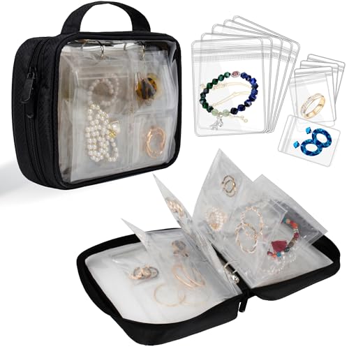 Travel Jewelry Organizer Case Transparent Jewelry Storage Book Binder Bag for Earrings, Rings, Necklace, Bracelet,Black - color: Black,Clear Window