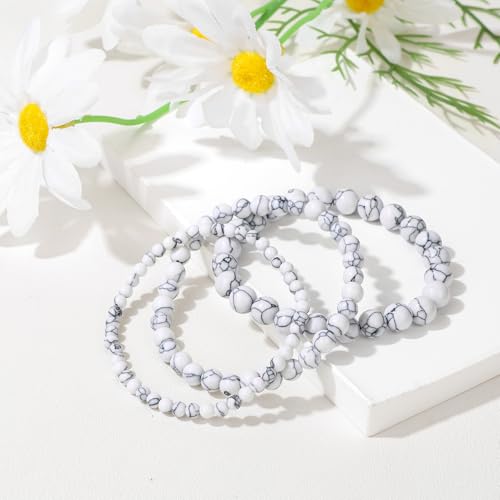 3Pcs Natural Healing Crystal Bracelets for Women Men, 4mm 6mm 8mm Beaded Stretch Bracelet Set, Black Tourmaline Natural Stone Gemstone Jewelry Gifts for Meditation, Reiki & Yoga - color: Howlite