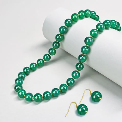 Gemstone Beaded Necklace for Women, Trendy 18K Gold Plated Hematite Natural Stone Bead Choker, Boho Handmade Summer Beach Necklaces for Women Everyday Western Jewelry Gifts - color: Green Agate