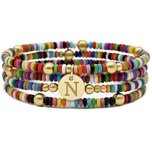 Set of 4 Colorful Bead Initial Bracelets, Personalized Stackable Jewelry, Adjustable Stretchy Charm Bracelets for Women, Beaded Bracelet Set, Trendy Custom Jewelry Gift - style: Colorful Bead - N