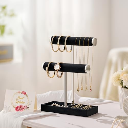 bussdis 2 Tier Bracelet Holder Display - Detachable T Bar Black and Silver Velvet Bracelet Holder, Jewelry Holder Organizer for Bracelet, Necklace, Earrings, Rings - color: Black and Silver