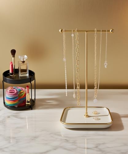 VROOMIUM Necklace Holder- Ceramic Base 1ft Height Jewelry Organizer Stand, Aesthetic Jewelry Hanger Display for Necklaces, Bracelets, Rings, Exhibidor de Collares-Classic White - color: Sq. Lux White