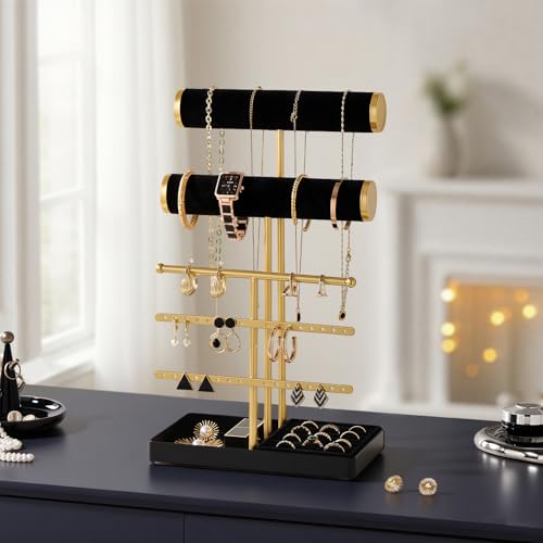 Lolalet Bracelet Display Stand Necklaces Holder, 5 Tiers Jewelry Organizer and Storage Rack with Velvet Slot and Metal Base, for Women Bangles Watches Ring Earrings -Black - color: Black