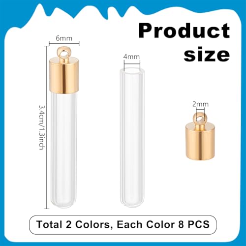 PH PandaHall 16 pcs 30mm Clear Glass Bottles Hanging Tube Wish Bottles with Golden/Silver Metal Caps for Necklace Pendant Jewelry Making, (NOT SCREWABLE, Need Glue ON)