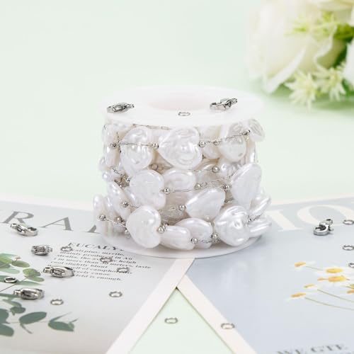 KYUNHOO 9.8 Feet Thin Paperclip Links Silver Stainless Steel Jewelry Chain on Spool Heart Necklace Imitation Pearl Chains for Making Crafts Finding Jewelry Supplies - color: Heart Silver