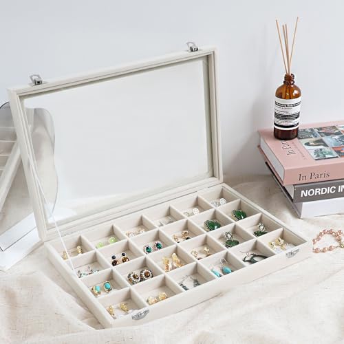 Wudygirl Jewelry Organizer Earring Holder Jewelry Tray with Lid Velvet Jewelry Box Jewelry Display Case Bracelet Earrings Ring Holder for Women Dresser (Beige 24 Grid Jewelry Tray) - style: Beige 24 Grid Tray