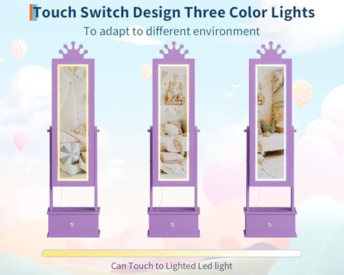 Kids Jewelry Armoire Cabinet with Full-Length Mirror, 46" Jewelry Armoire with Led Light, Kids Jewelry Organizer with 3 Storage Drawers, Kids Vanity Dress Up Mirror Jewelry Cabinet for Girls(Purple) - size: purple