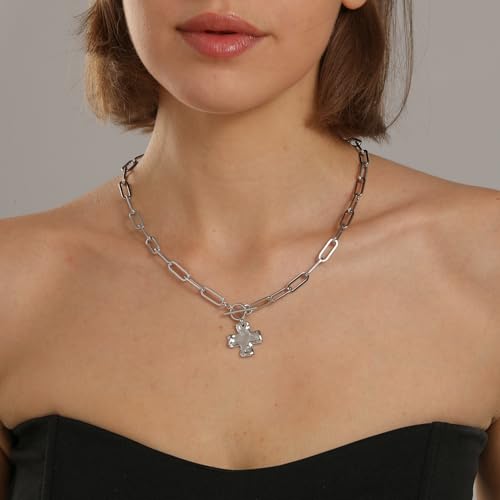 Bheop Chunky Cross Necklace for Women Trendy 14K Gold Silver Layered Statement Cross Pendant Charm Necklace Waterproof Paperclip Herringbone Snake Choker Chain Christian Jewelry Set Gift Non Tarnish - style: SL-Toggle Necklace(0.8 inch Pendant)
