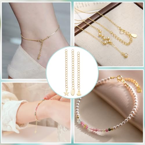 Beebeecraft 1 Box 30Pcs Gold Extender Chains 304 Stainless Steel Chain Extension with Heart Star Oval Charms Bracelet End Curb Chain Extenders for Jewelry Making Bracelets Supplies DIY Craft (58~68mm) - color: Gold-mix Flat