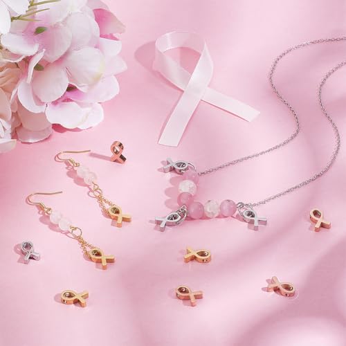 PH PandaHall 12pcs Breast Cancer Ribbon Beads for Jewelry Making, 12x8mm Stainless Steel Ribbon Charms Pendant Hope Beads Charm for Necklace Bracelet DIY Crafts, 3 Colors, Hole 1.8mm