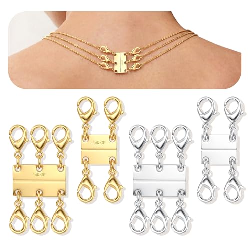 GEMQUEEN Magnetic Necklace Clasps and Closures with Double Lobster Clasp : 14K & White Gold Plated Magnet Jewelry Layering Clasps for Necklaces Multi Magnets Bracelet Helper Necklace Extenders 4PCS - color: 14K & White Gold Plated -4PCS