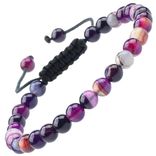 MASSIVE BEADS Natural Healing Power Gemstone Crystal Beads Unisex Adjustable Macrame Bracelets - color: Agate Purple, size: 6mm