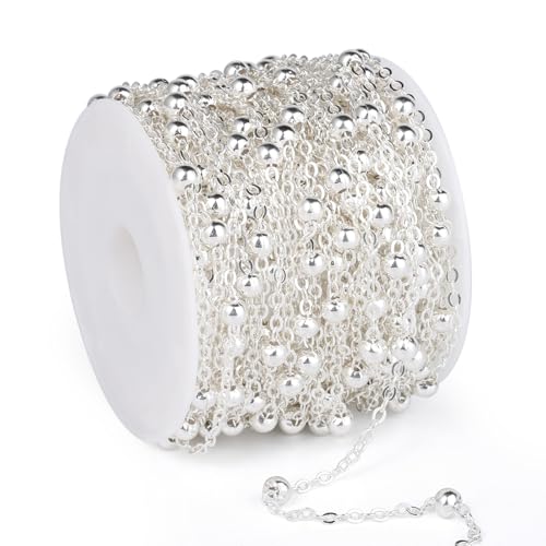 33 Feet Silver Satellite Cable Chains Roll, 2MM Silver Plated Brass Ball Beaded Cable Link Chains Spool Bulk for Jewelry Making DIY Craft - color: 4.0mm beads silver satellite cable chain
