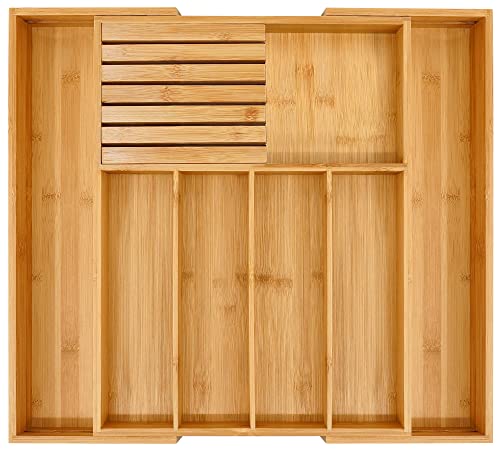 VaeFae Bamboo Silverware Drawer Organizer Kitchen, Expandable Utensil Organizer with Knife Block, Cutlery Tray with Divider, Multifunctional Drawer Organizer - color: Natural, size: Large