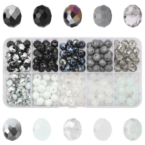 200pcs 8MM Faceted Rondelle Glass Beads for Jewelry Making, Briolette Crystal Glass Beads Plated Round Loose Spacer Beads for DIY Supplies Bracelets Necklaces Earrings (Black White) - color: Black White