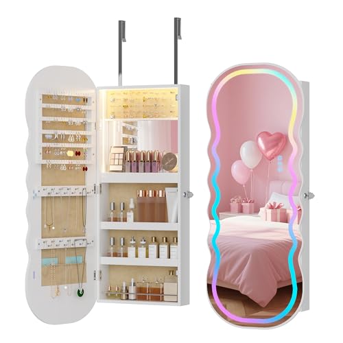 Lvifur RGB Lighted Mirror Jewelry Cabinet,LED Wavy Wide Mirror with Storage, Wall or Door Mounted Jewelry Organizer with Interior Mirror,Lockable Jewelry armoire,Gift Ideal - color: White-68020