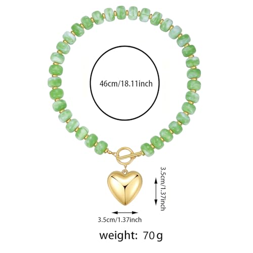 GZQ Chunky Gold Heart Necklace for Women, Resin Beaded Chain with Puff Heart Adjustable Clasp, Perfect for Daily Wear Party Date Streetwear Outfits Fashion Jewelry Gift - color: Grass Green