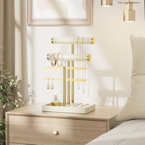 bussdis 3 Tier Bracelet Holder Display - Beige Leather Bracelet Holder, Detachable T Bar Jewelry Holder Organizer for Bracelet, Necklace, Earrings, Rings, Watches, Bangle - color: Beige