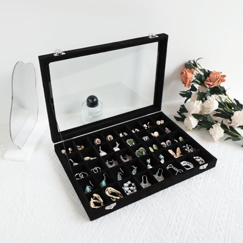 Wudygirl 40 Grid Jewelry Organizer Tray for Earrings Rings Bracelets Storage Necklaces Display Large Jewelry Box with Clear Lid Multiple Compartments Drawer Organization (Black Velvet) - style: 40 Grid Tray