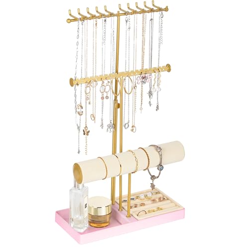 Tirzah 3-Tier Adjustable Gold Jewelry Holder Organizer Stand with 20 Necklace Hooks, 18 Earring Holes and Notches, Bracelet Holder, 6 Ring Rolls, Pink Tray for Girls, Women - color: Gold & Pink, for Necklace Earring Bracelet
