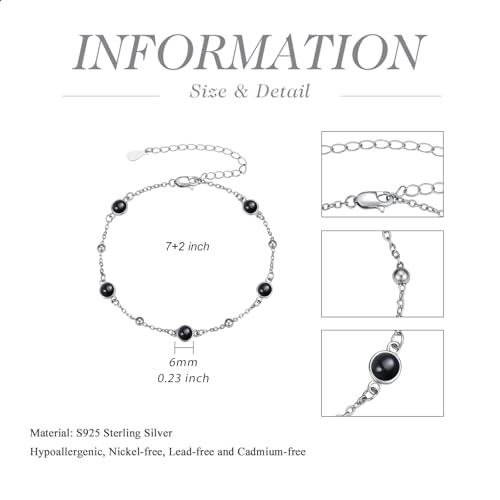 HPQQ Anklet Bracelet for Women 925 Sterling Silver Natural Stone Chain Bead Ankle Bracelet Beach Summer Fine Jewelry Mothers Day Birthday Gifts for Women Mom Wife - color: Bracelet-7"-9"-Black Onyx