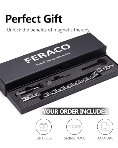 Feraco Mens Magnetic Bracelets, Classic Balck Titanium Stainless Steel Bracelet with Natural Hematite Magnet Stones,Men's Jewelry Gifts, 8.66 inch - color: Silver
