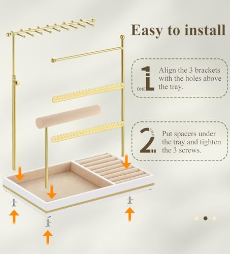 Emibele Jewelry Holder, Jewelry Organizer Stand Necklace Earrings Bracelet Holder, 5 Tier Jewelry Display Tower Rack with Metal Frame and Velvet Ring Tray, Aesthetic Jewelry Stand Gift for Women, Gold - color: Gold & White