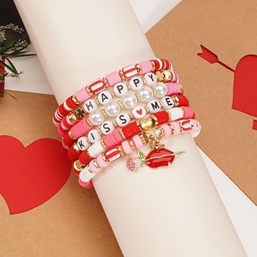 6PCS Valentine’s Day Clay Heishi Bracelet Set for Women- Red Pink Heart Love KISS XOXO Beaded Stretch Bracelets - Handmade Polymer Clay Crystal Glass Stackable Jewelry Gift for Galentine's Anniversary - color: LOVE-02