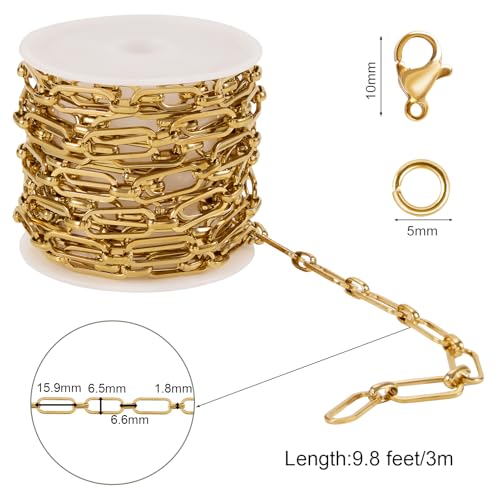 SMYHTGLIF 9.8 Feet Gold Plated Paperclip Chain for Jewelry Making Stainless Steel Chain Bulk Roll Craft Jewelry Making Supplies - color: Paperclip Gold