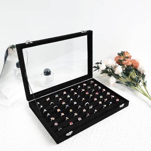 Wudygirl 7 Slot Ring Holder Organizer Display Tray for Rings And Jewelry Storage Velvet Ring Box with Multiple Slots Rings Organizer and Jewelry Showcase (Black Velvet) - style: Ring Tray