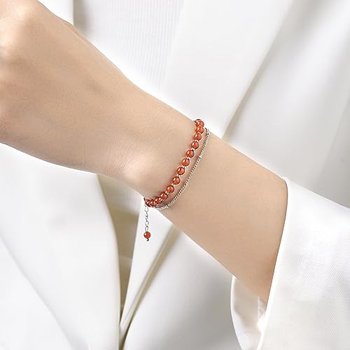 Peridot Stand Silver Gold Bracelets, Handmade Birthstone Stack Bracelet Crystal Gemstones Bead Chain Gift for Women, 8" - color: Red Agate