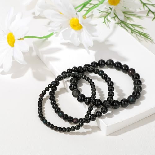 3Pcs Natural Healing Crystal Bracelets for Women Men, 4mm 6mm 8mm Beaded Stretch Bracelet Set, Black Tourmaline Natural Stone Gemstone Jewelry Gifts for Meditation, Reiki & Yoga - color: Black Obsidian
