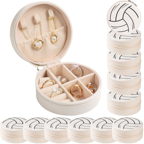 12-Pack Volleyball Jewelry Box Bulk Team Gifts for Girls, Round Mini Travel Jewelry Case Organizer for Volleyball Players Coaches, Senior Night End of Season Banquet Gifts, White - style: Volleyball