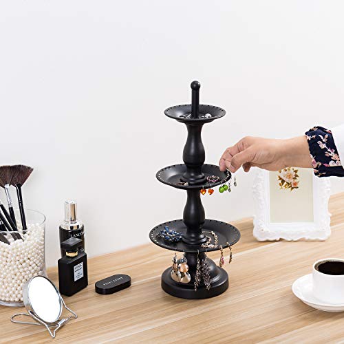 MyGift Earring Storage Rack Organizer, Metal Jewelry Tree, Necklace and Bracelet Hanger with Wooden Ring Tray Trinket Holder - Holds 68 Pairs of Earrings (Black-3-Tier) - color: Black-3-Tier