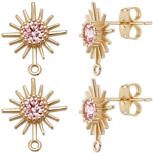 Beebeecraft 1 Box 10Pcs Sun Stud Earring Finding 18K Gold Plated Earring Post with Pink Cubic Zirconia Earring Component for Jewelry Making - color: Gold, Rose Cz