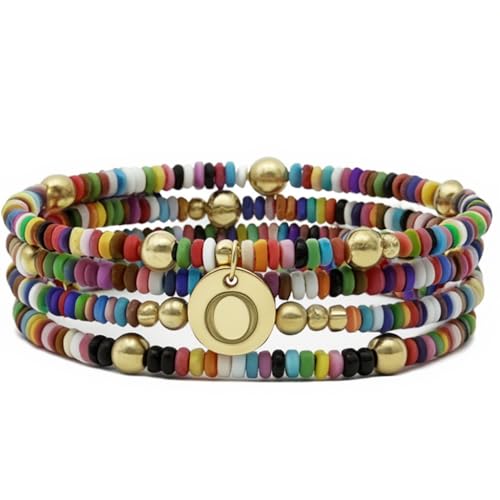 Set of 4 Colorful Bead Initial Bracelets, Personalized Stackable Jewelry, Adjustable Stretchy Charm Bracelets for Women, Beaded Bracelet Set, Trendy Custom Jewelry Gift - style: Colorful Bead - O