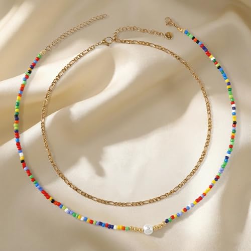 Colorful Gold Stack Seed Beaded Choker Necklace Set for Women,Handmade Boho Fashion Christian Cross Heart Freshwater pearl Jewelry,Valentine's Summer Holiday Beach Friendship Gift - color: Pearl