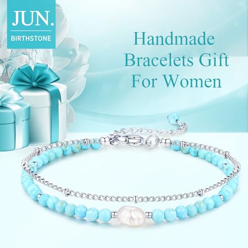 Peridot Stand Silver Gold Bracelets, Handmade Birthstone Stack Bracelet Crystal Gemstones Bead Chain Gift for Women, 8" - color: Silver-06-Turquoise and Baroque Pearls