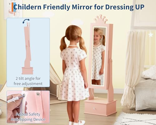 Kids Jewelry Armoire Cabinet with Full-Length Mirror,46"Jewelry Armoire with Led Light, Kids Jewelry Organizer with 3 Storage Drawers,Kids Vanity Dress Up Mirror Jewelry Cabinet for Girls（light Pink) - size: Light pink